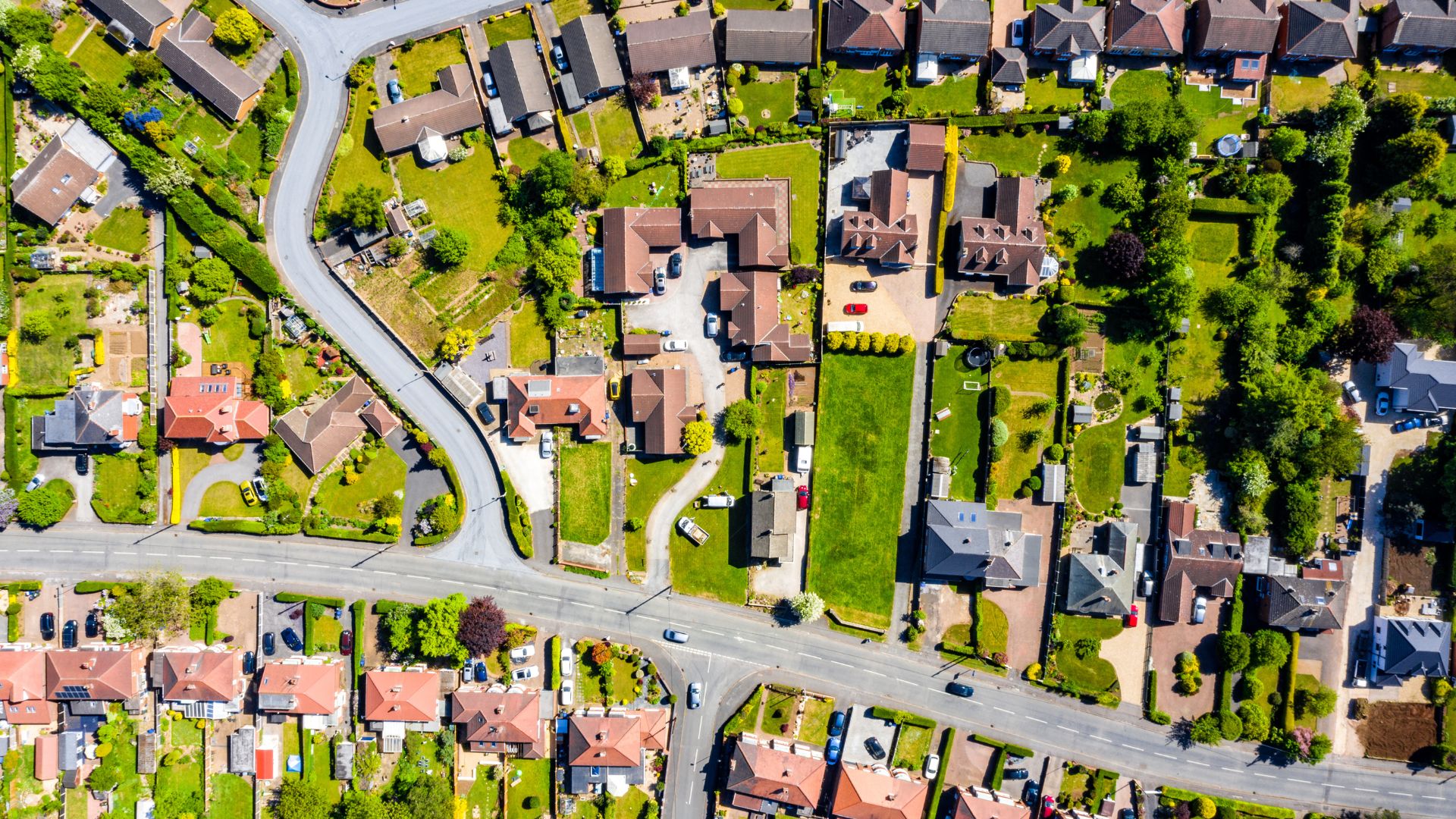 An aerial view of a residential neighborhood