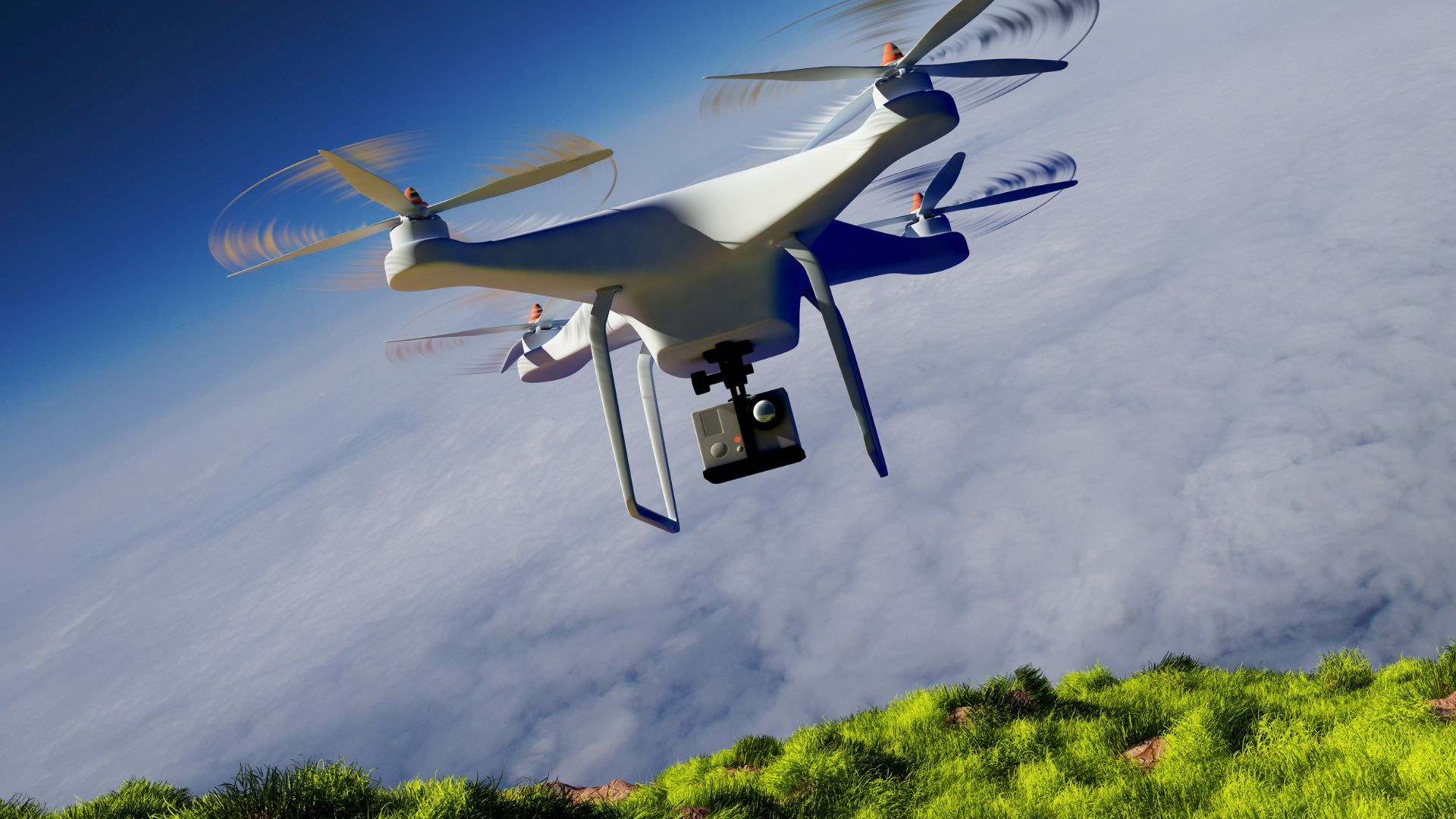 A white and blue flying over a lush green hillside